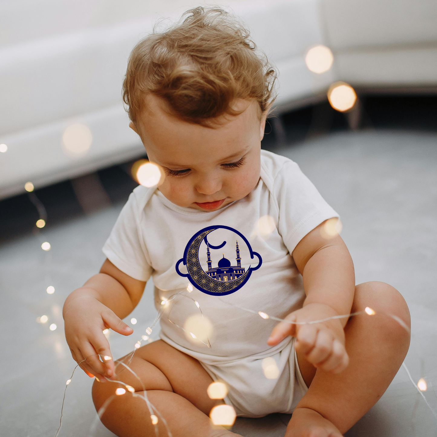 Moonlit Crescent Mosque Silhouette - Golden Navy